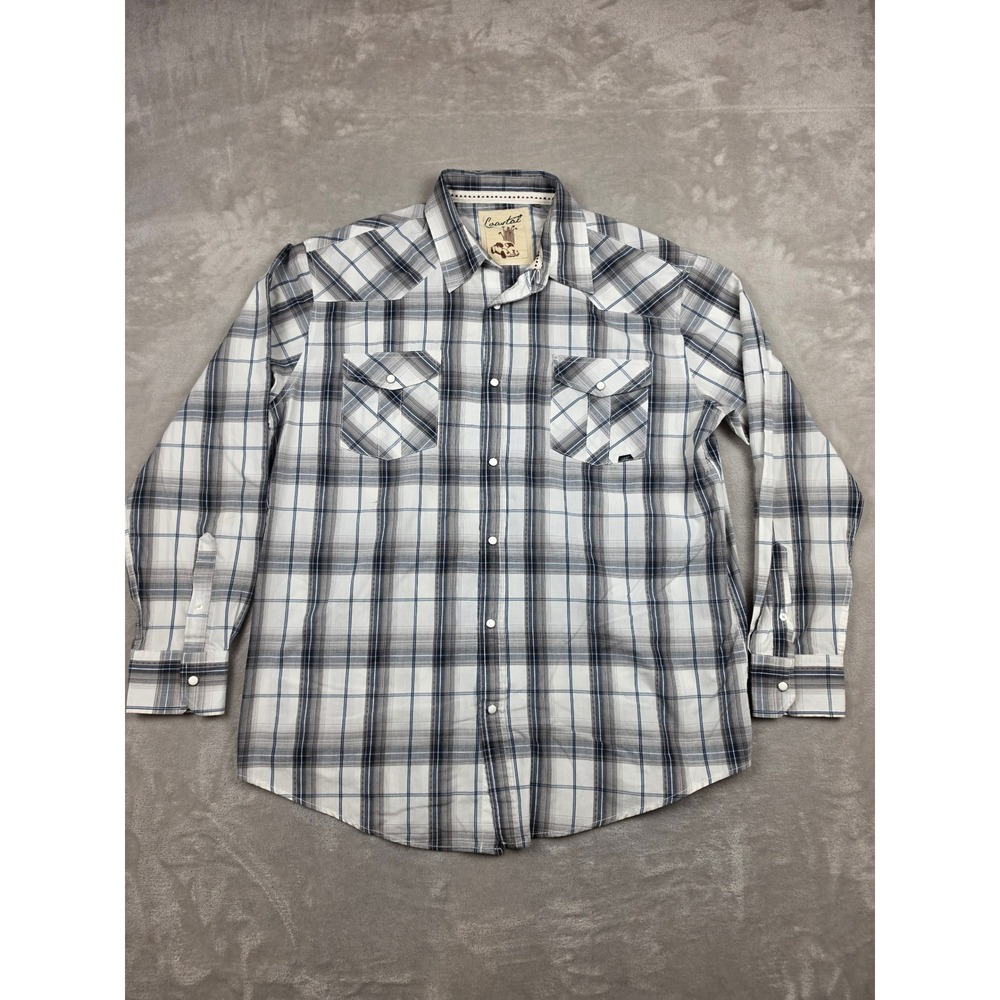 Coastal Button Up Shirt Mens XXL White Blue Plaid Pearl Snap Western Long Sleeve